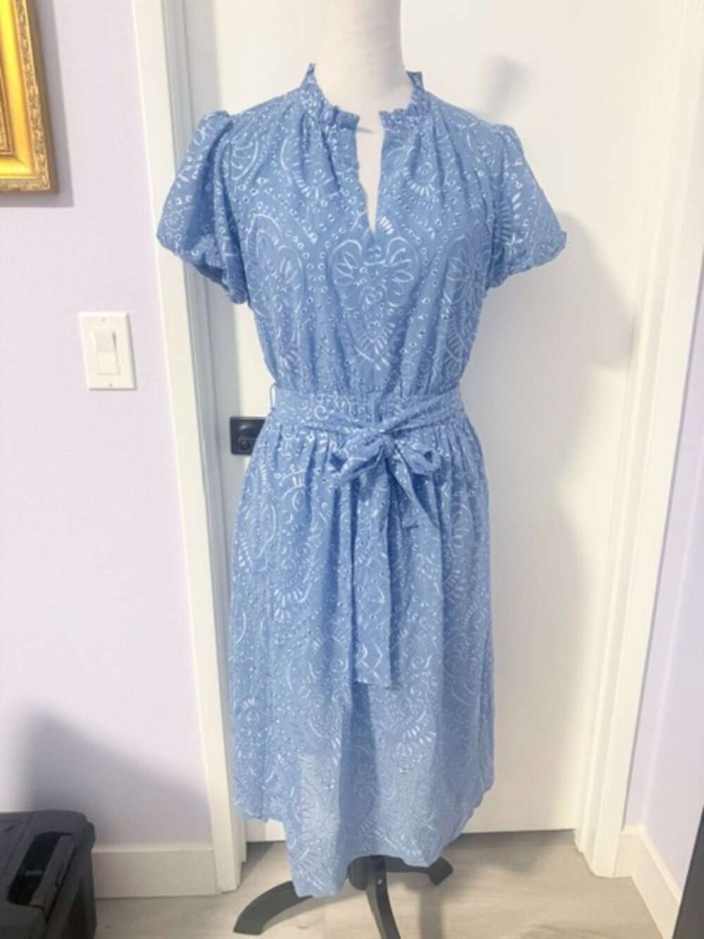 London Time Floral eyelet, Ruffle Neck Bubble Sleeve Elastic Waist Midi Dress
